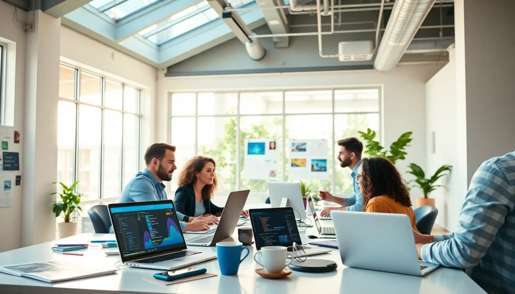 Innovative web design team collaborating on a project at a modern workspace.