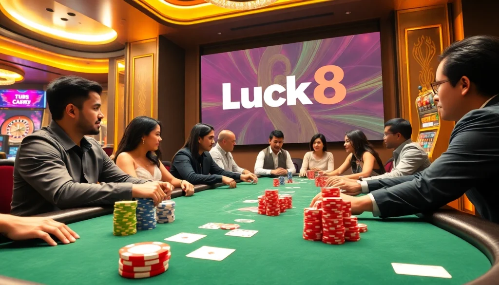 Luck8's casino experience showcasing a thrilling poker game with players and colorful chips.