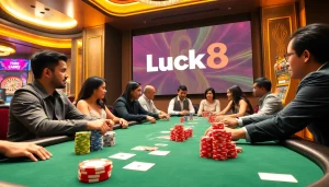Luck8's casino experience showcasing a thrilling poker game with players and colorful chips.