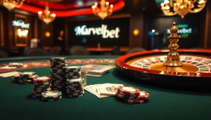 Marvelbet gaming scene with poker chips and roulette wheel exuding excitement and elegance.