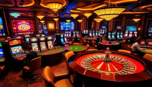 Visualize the excitement of gaming at พอร์ทเกม F168 with vibrant tables and slot machines in a luxurious casino.