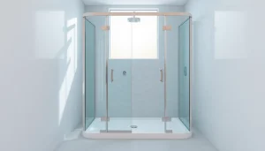 Moderne duschkabine 90x90 in einem eleganten Badezimmer mit stilvollen Details.