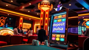 Pemain menikmati sesi seru di mesin slot deposit pulsa dalam suasana kasino yang hidup.