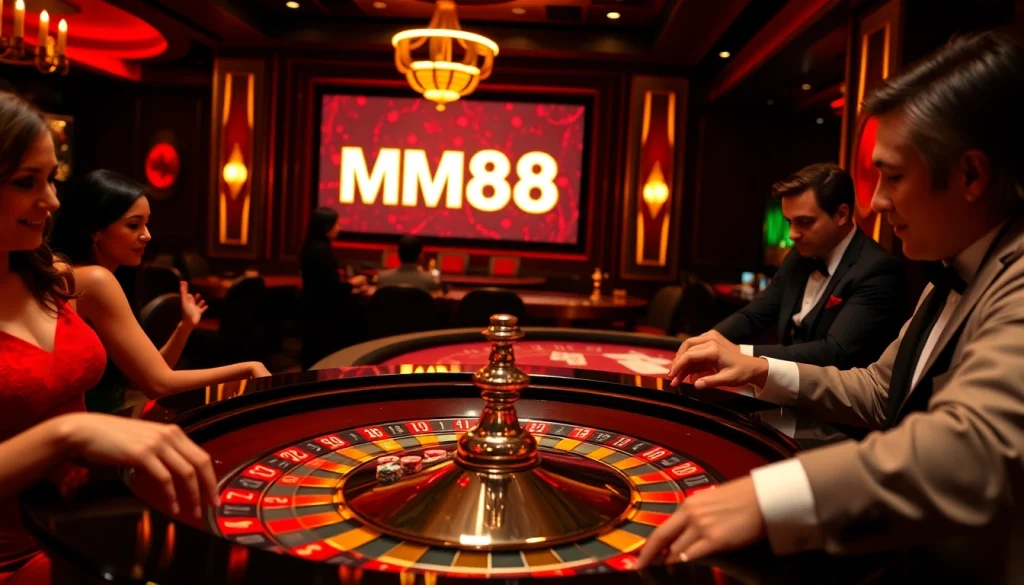 Players enjoy a high-stakes roulette game at MM88 casino, highlighting excitement and luxury.