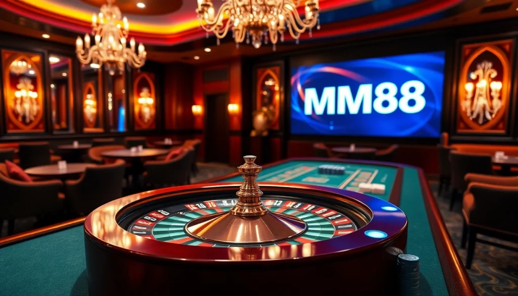 Experience the excitement of MM88 in a luxurious casino environment with roulette and poker games.