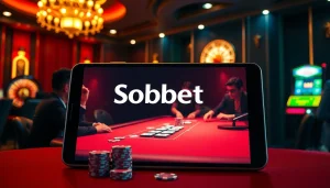 Engaging sbobet online betting interface amidst a high-stakes casino atmosphere with poker and roulette.