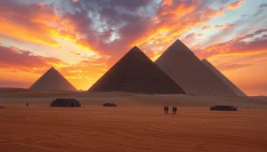 Explore a stunning view of the piraminds against a sunset sky, highlighting their ancient grandeur.