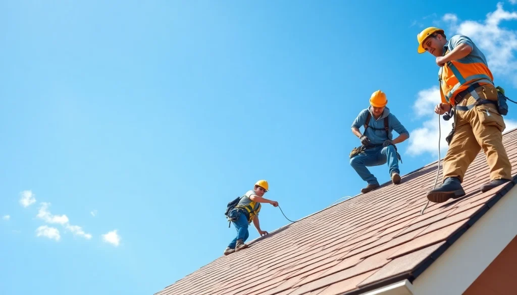 Showcasing Twin Shield Roofing crew expertly installing durable shingles in bright sunlight.