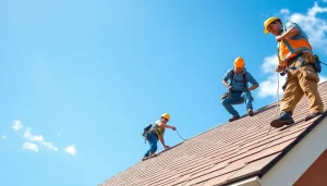 Showcasing Twin Shield Roofing crew expertly installing durable shingles in bright sunlight.