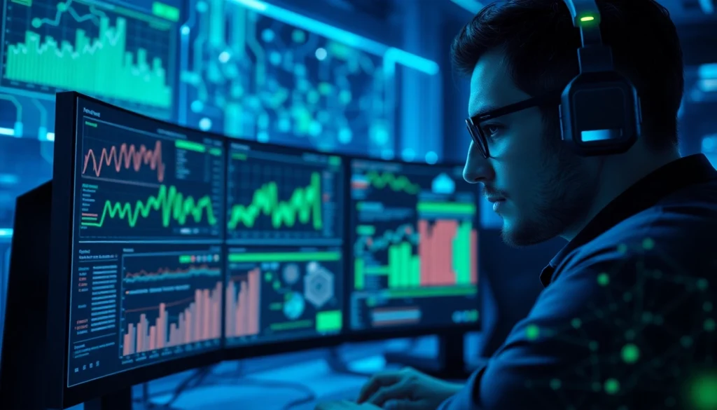 Visual representation of cybersecurity ai in a modern workspace with data analytics screens.