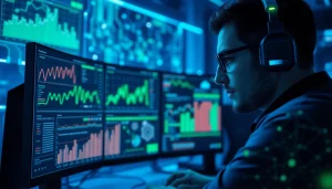 Visual representation of cybersecurity ai in a modern workspace with data analytics screens.