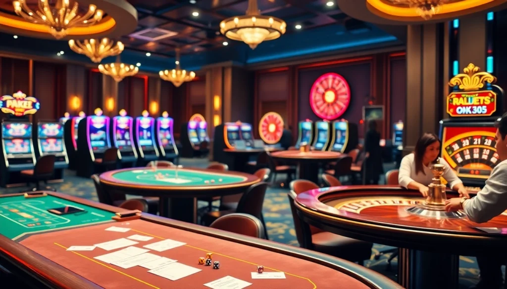 Experience the excitement of online gambling at OK365 with luxurious gaming tables and vibrant slot machines.