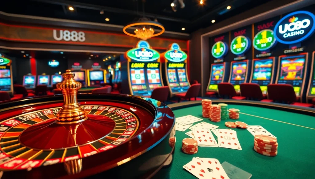 Engaged player placing bets at U888 casino with exciting games and vibrant decor.