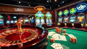 Engaged player placing bets at U888 casino with exciting games and vibrant decor.