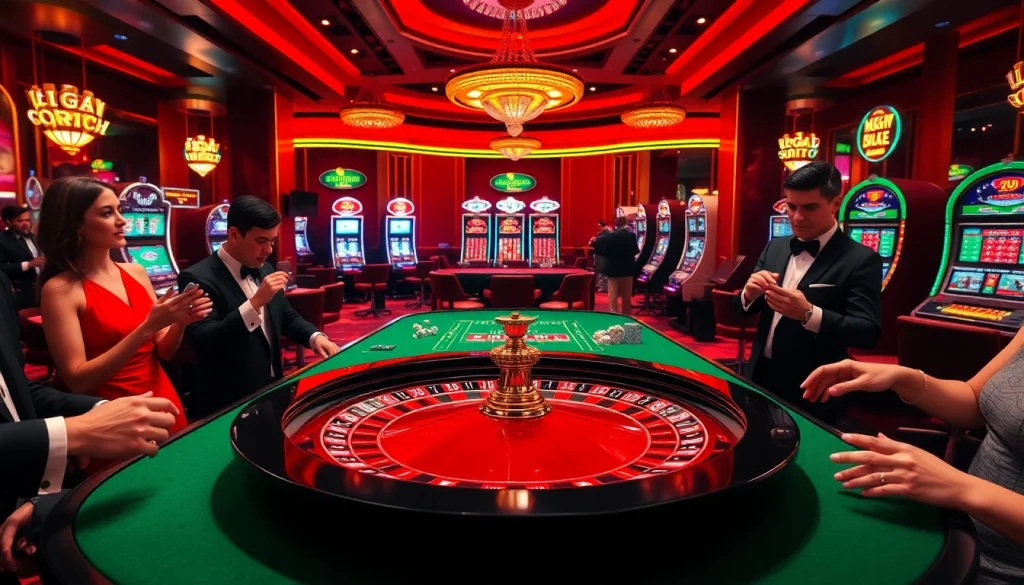 Players enjoying a vibrant casino atmosphere with link alternatif onicplay featured prominently at the roulette table.