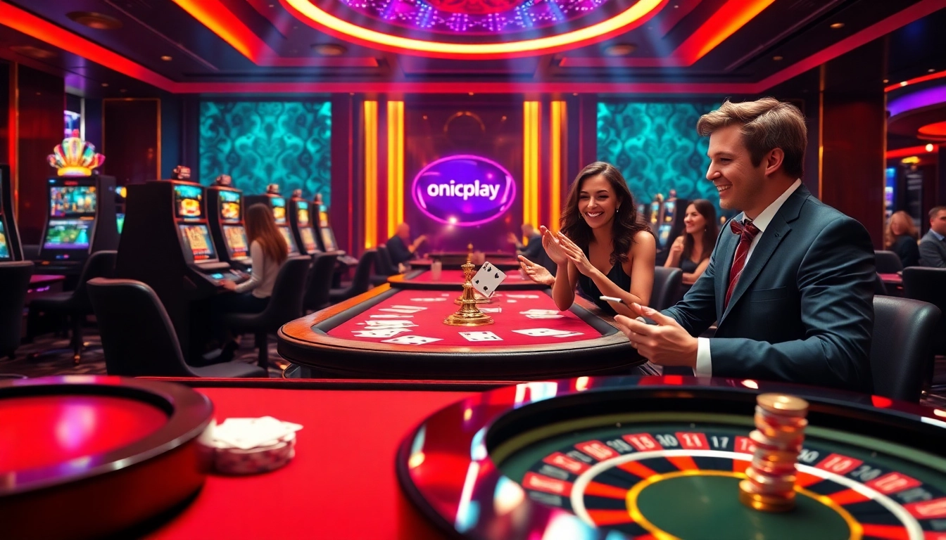 Players enjoying the excitement of online gaming with onicplay in a luxurious casino setting, showcasing digital tables and vibrant action.