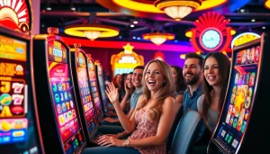 Main scene of slot depo 1k with vibrant machines and enthusiastic players in a casino setting.