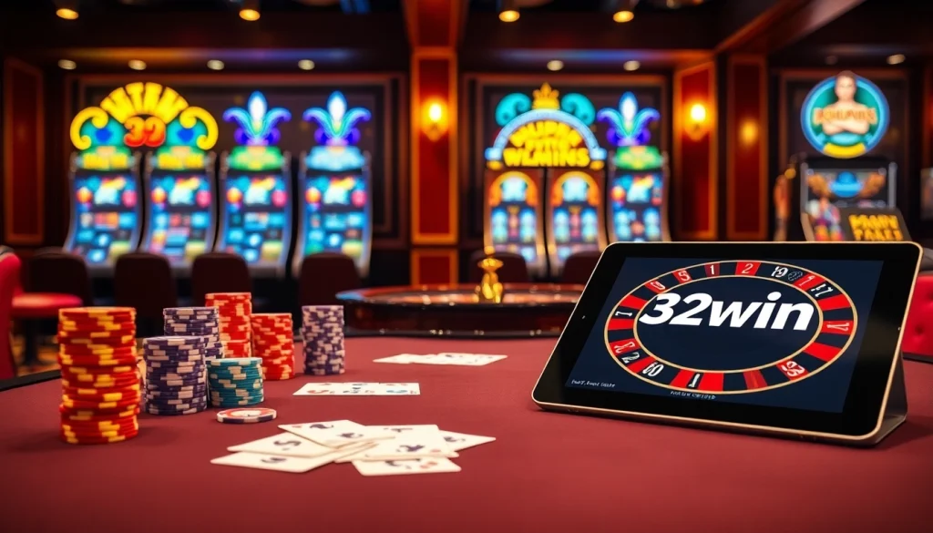 Engage with the 32win casino experience featuring vibrant gaming tables and elegant poker chips.