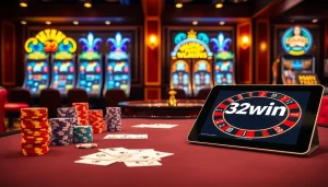 Engage with the 32win casino experience featuring vibrant gaming tables and elegant poker chips.