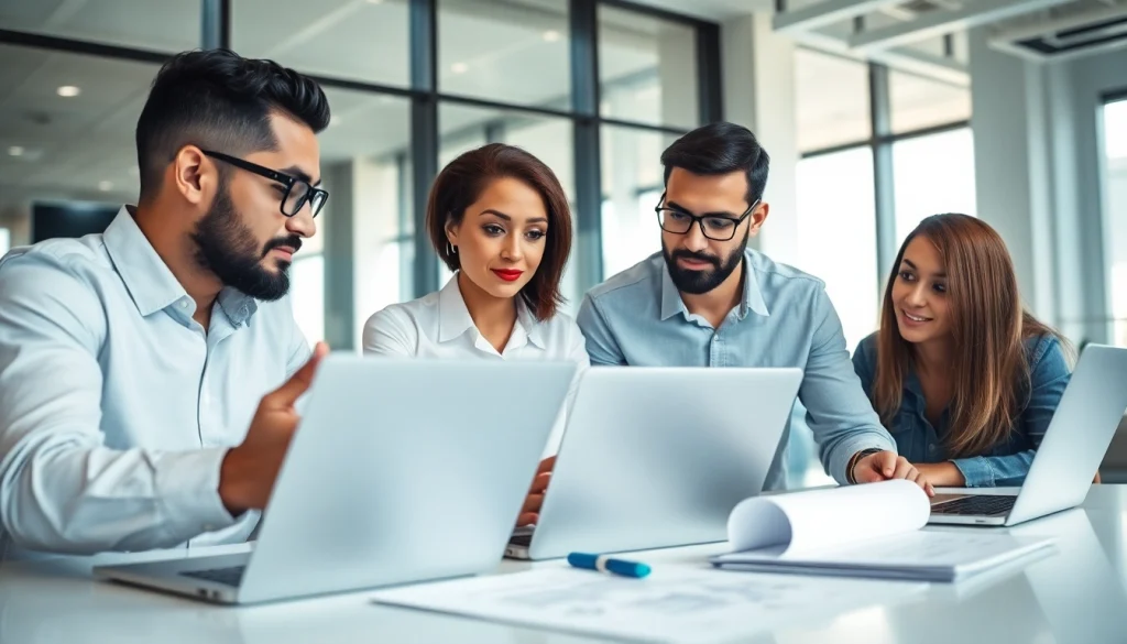 Engaged professionals discussing innovative strategies for das 142 technology in a modern office.