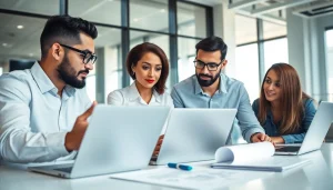 Engaged professionals discussing innovative strategies for das 142 technology in a modern office.