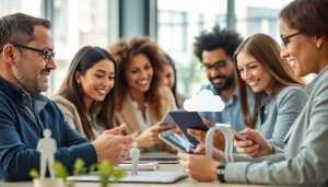 Engaged professionals collaborating on SaaS applications in a modern workspace.