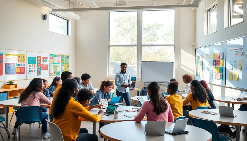 Dynamic classroom scene showcasing collaboration in education, highlighting diversity and innovation.
