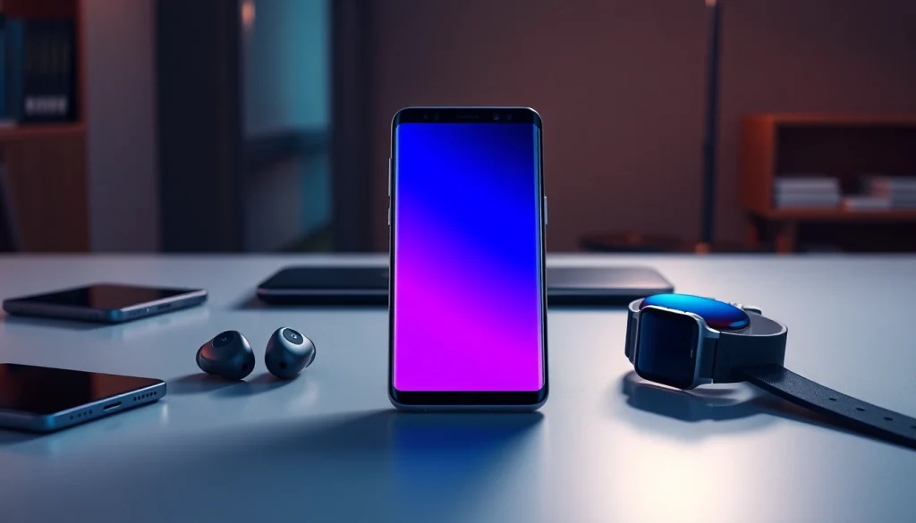 Samsung Galaxy S8 smartphone showcased on a modern desk with tech accessories.