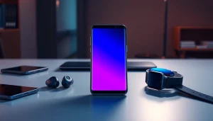 Samsung Galaxy S8 smartphone showcased on a modern desk with tech accessories.