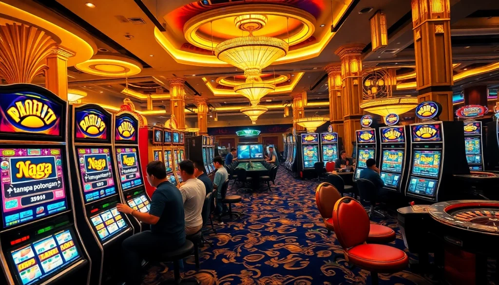Naga169 tanpa potongan displayed on vibrant slot machines with excited players in a luxurious casino scene.