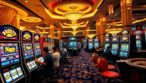 Naga169 tanpa potongan displayed on vibrant slot machines with excited players in a luxurious casino scene.