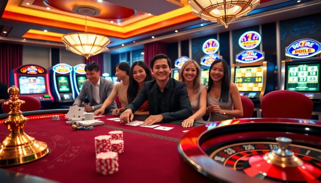 Engage in thrilling gameplay at https://febet8.com with a vibrant poker night scene featuring excited players and luxurious casino visuals.