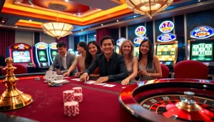 Engage in thrilling gameplay at https://febet8.com with a vibrant poker night scene featuring excited players and luxurious casino visuals.