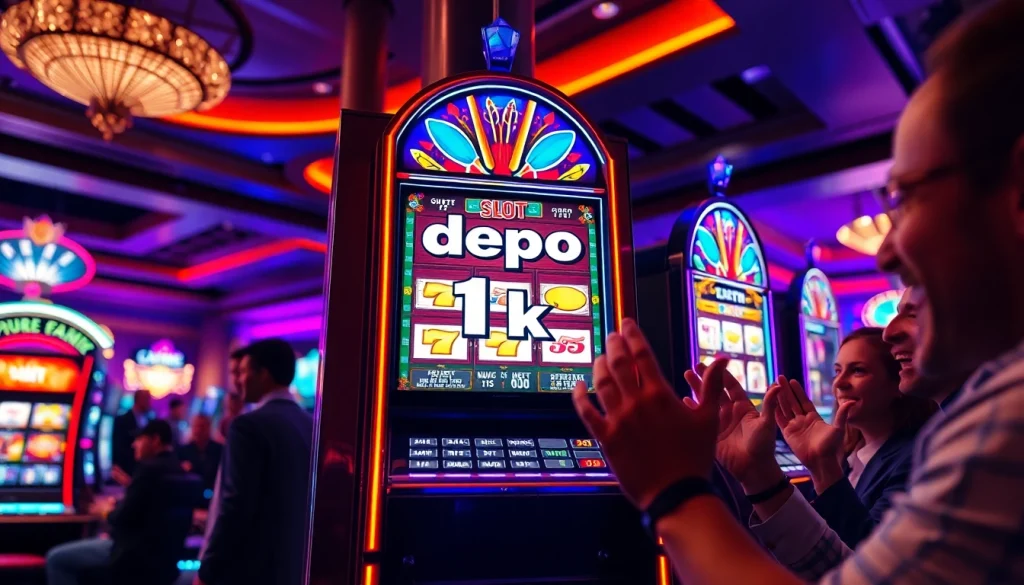 Menampilkan hasil taruhan slot depo 1k dengan para pemain yang bersenang-senang di kasino.