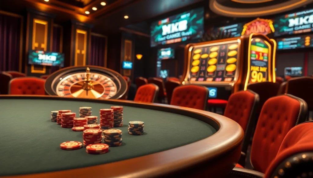 MK8 enthusiasts enjoying high-stakes poker at a luxurious casino table amidst glowing slot machines and excitement.