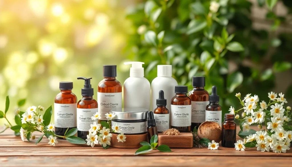 Naturali kosmetika priemonės išdėstytos ant medinės stalo, apsuptos žalumos.