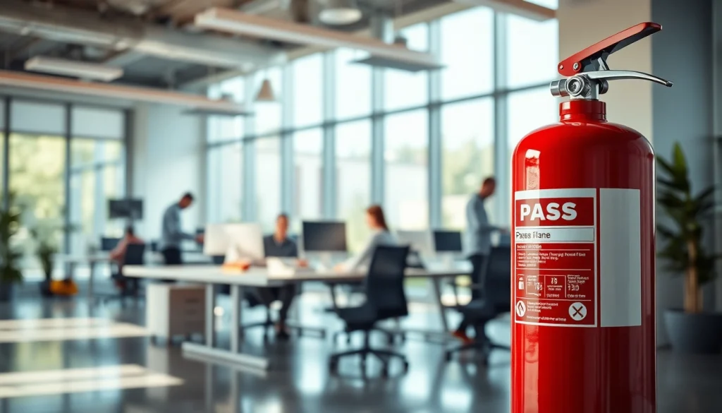 Ensure safety with a visible pass fire extinguisher in a contemporary office setting.