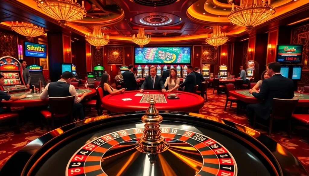 Exciting casino atmosphere showcasing https://urr88.com/ with roulette, poker chips, and vibrant slot machines.
