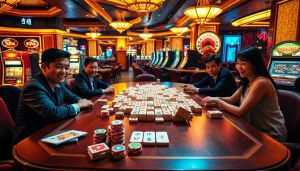 Players engaging in Mahjong Ways 2 at a luxury casino table with vibrant surroundings.