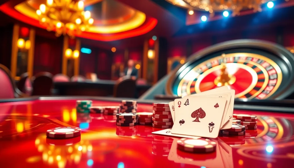 Engaging casino scene with vibrant décor featuring nhà cái mm88, cards, chips, and roulette.