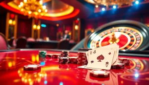 Engaging casino scene with vibrant décor featuring nhà cái mm88, cards, chips, and roulette.