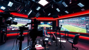 Engaging scene of a sports broadcasting studio featuring a lively host, cameras, and live sports screens.