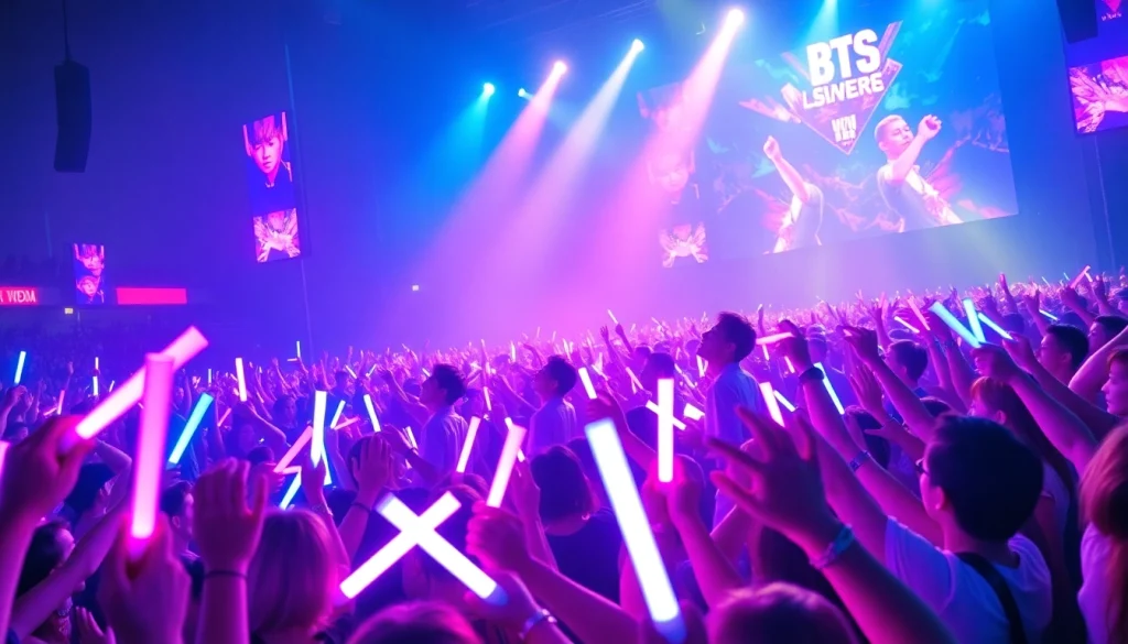 BTS news highlights the band's energetic concert performance with vibrant lights.