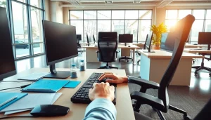 Person working at a typing center with focused demeanor and modern equipment.