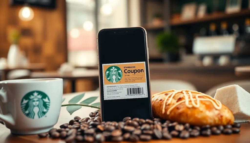 스타벅스 모바일쿠폰을 스마폰과 함께 커피와 빵 사이에서 매력적으로 보여주기