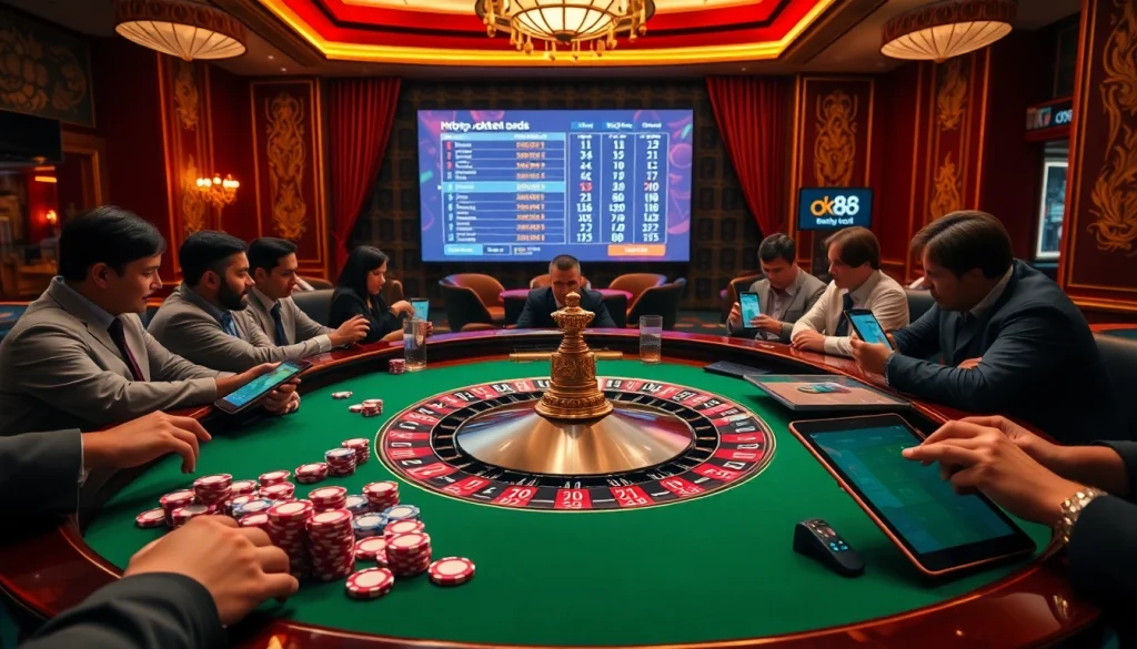 Experience thrilling gameplay at https://ok88.tech/ with poker chips and a roulette table in a vibrant casino.