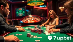 Excitement of a casino night featuring 7upbet logo with professional dealer and vibrant gaming elements.