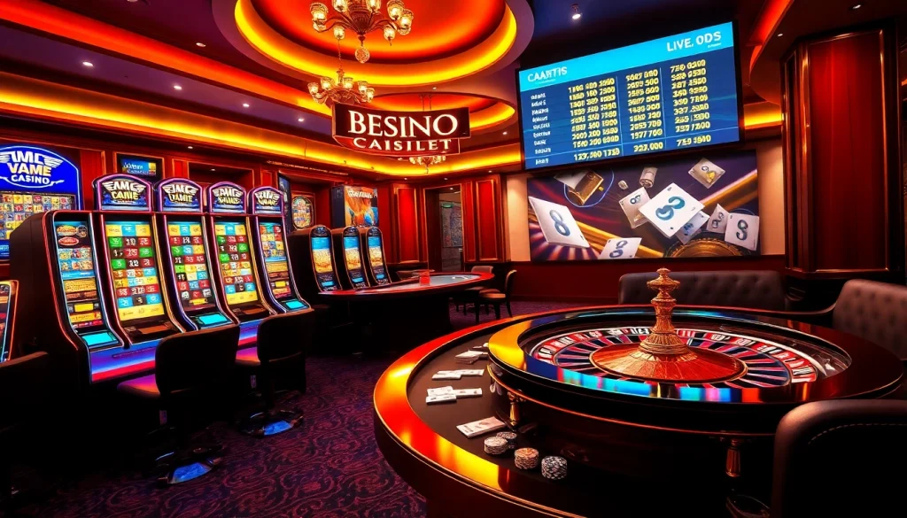 MM88 online casino experience featuring vibrant slot machines and a stylish roulette wheel.
