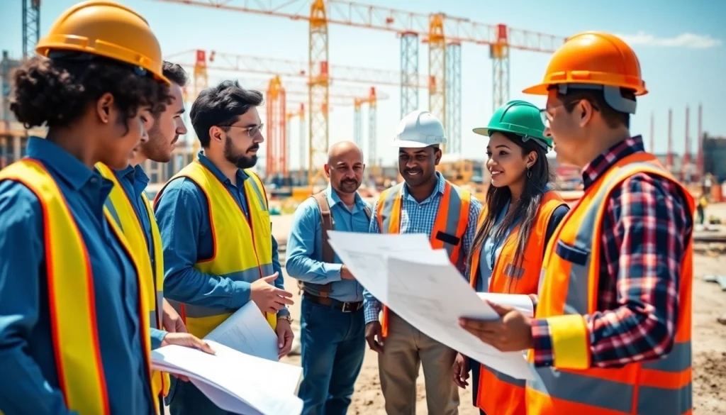 Construction workforce development showcased by diverse professionals collaborating on-site.