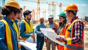 Construction workforce development showcased by diverse professionals collaborating on-site.